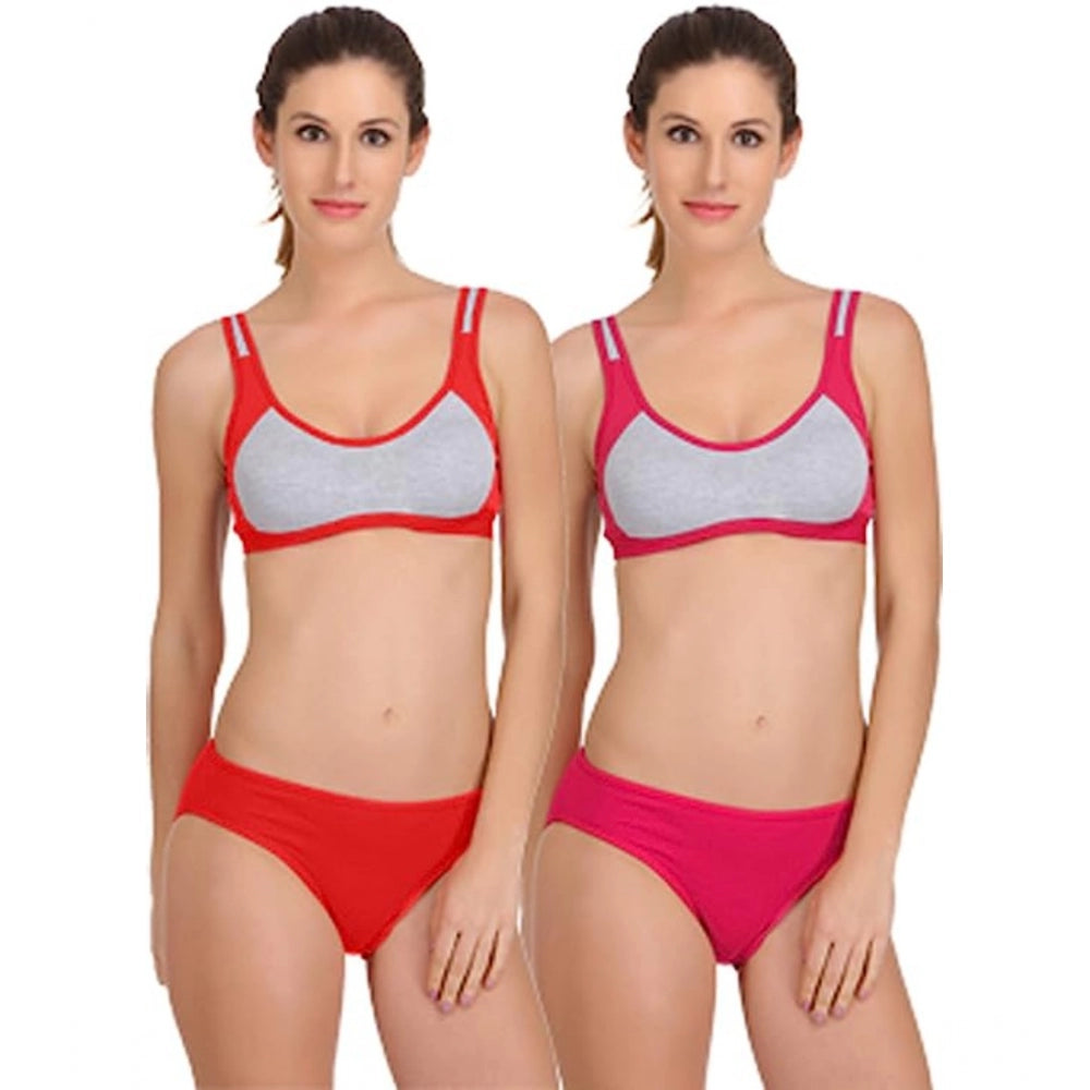 Pack of 2 Women's Cotton Solid Sports Bra Panty Set (Multicolor)