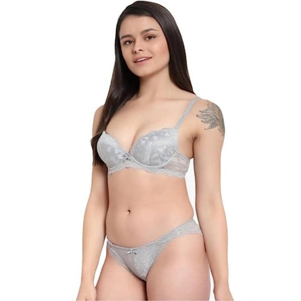 Cotton Floral Printed Bra and Panty Set (Grey)