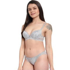 Cotton Floral Printed Bra and Panty Set (Grey)