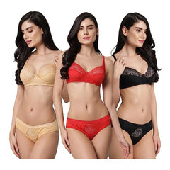 Pack of 3 Women's Cotton Solid Lingerie Set (Multicolor)