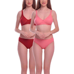 Pack of 2 Women's Cotton Solid T-Shirt Bra and Panty Set (Marroon - Pink)