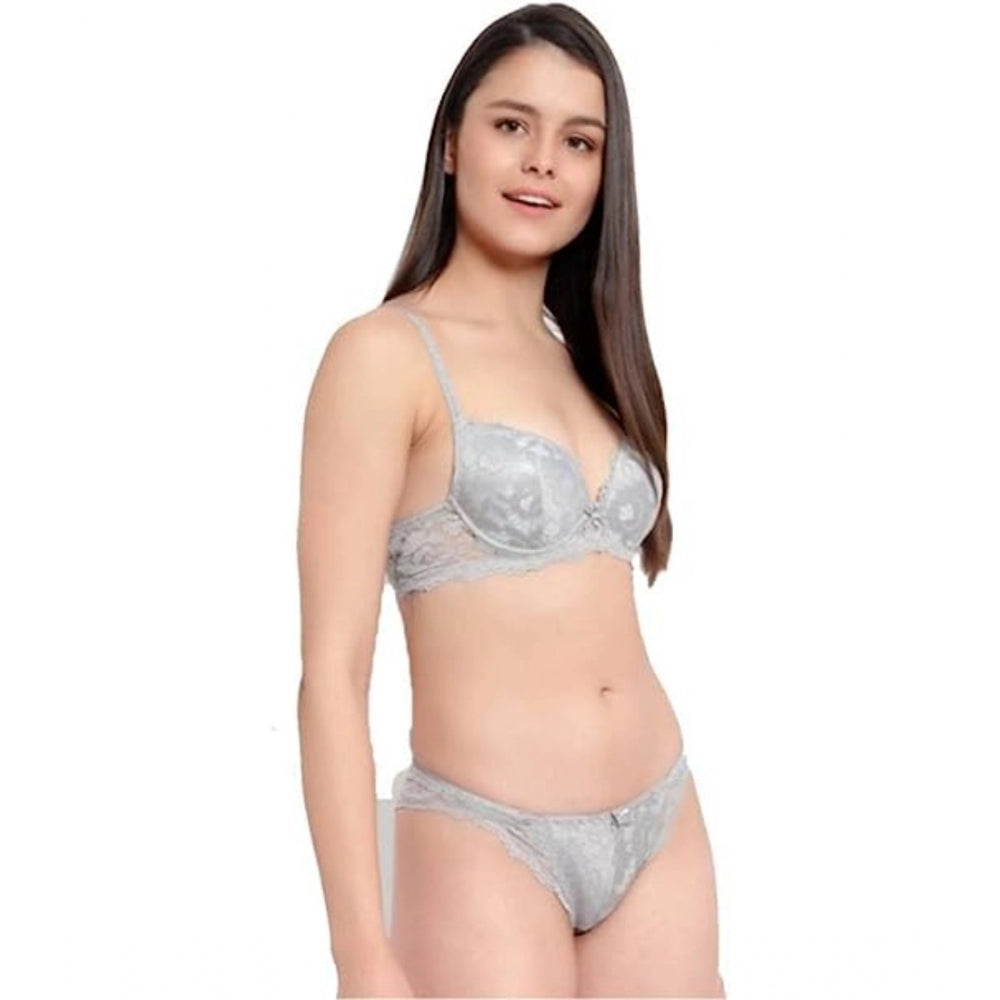 Cotton Floral Printed Bra and Panty Set (Grey)