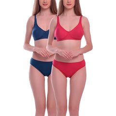 Pack of 2 Women's Cotton Solid T-Shirt Bra and Panty Set (Red - Blue)