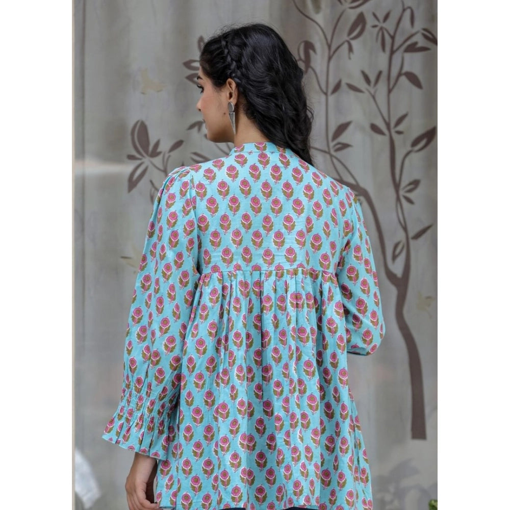 Cotton Printed Full Sleeve Mandarin collar Tunics (Turquoise)