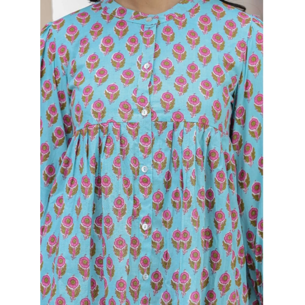 Cotton Printed Full Sleeve Mandarin collar Tunics (Turquoise)