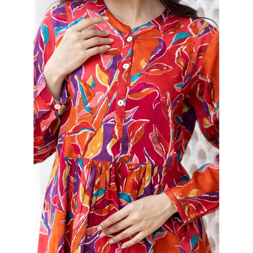 Cotton Printed Full Sleeve Mandarin collar Top (Red)