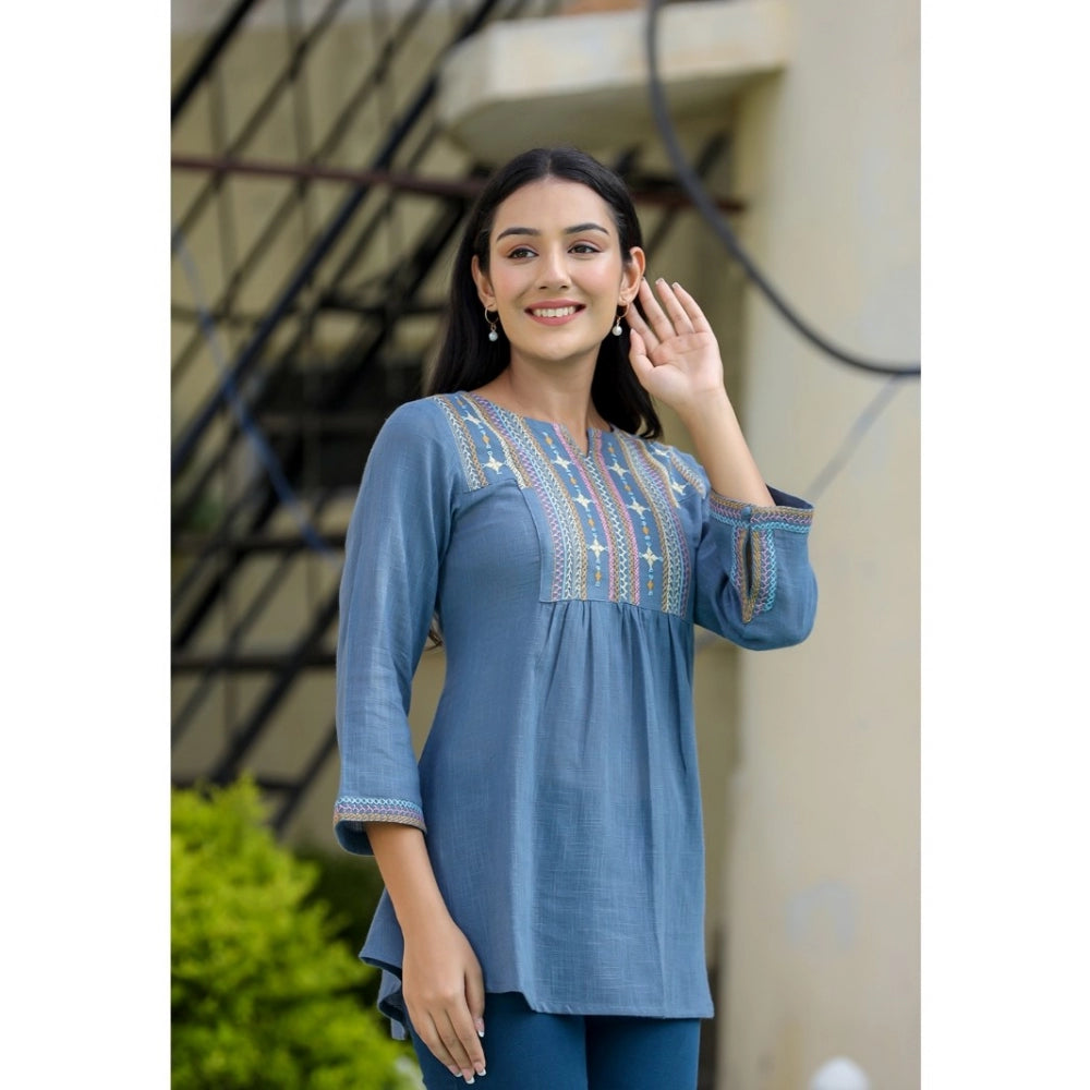 Cotton Embroidered 3/4 Sleeve V-Neck Top (Blue)