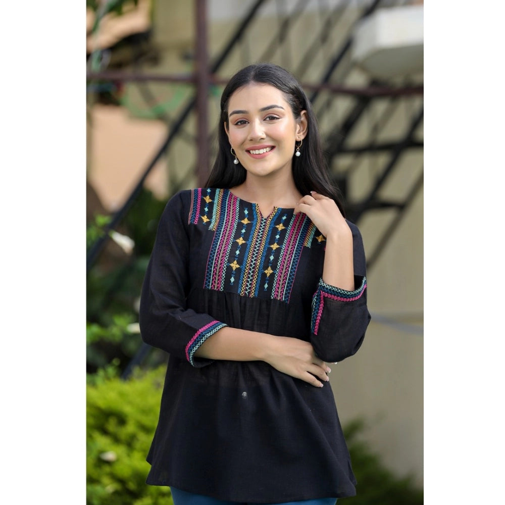 Cotton Embroidered 3/4 Sleeve V-Neck Top (Black)