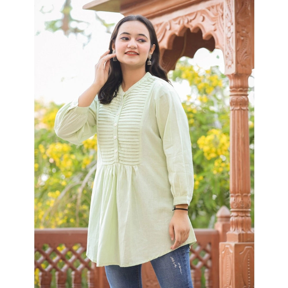 Cotton Solid Full Sleeve Band collar Tunic (Green)