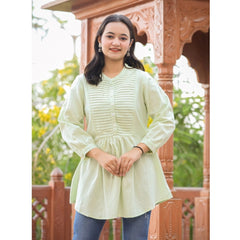 Cotton Solid Full Sleeve Band collar Tunic (Green)