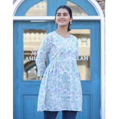 Cotton Printed 3/4 Sleeve Round Neck Tunics (White-Purple)