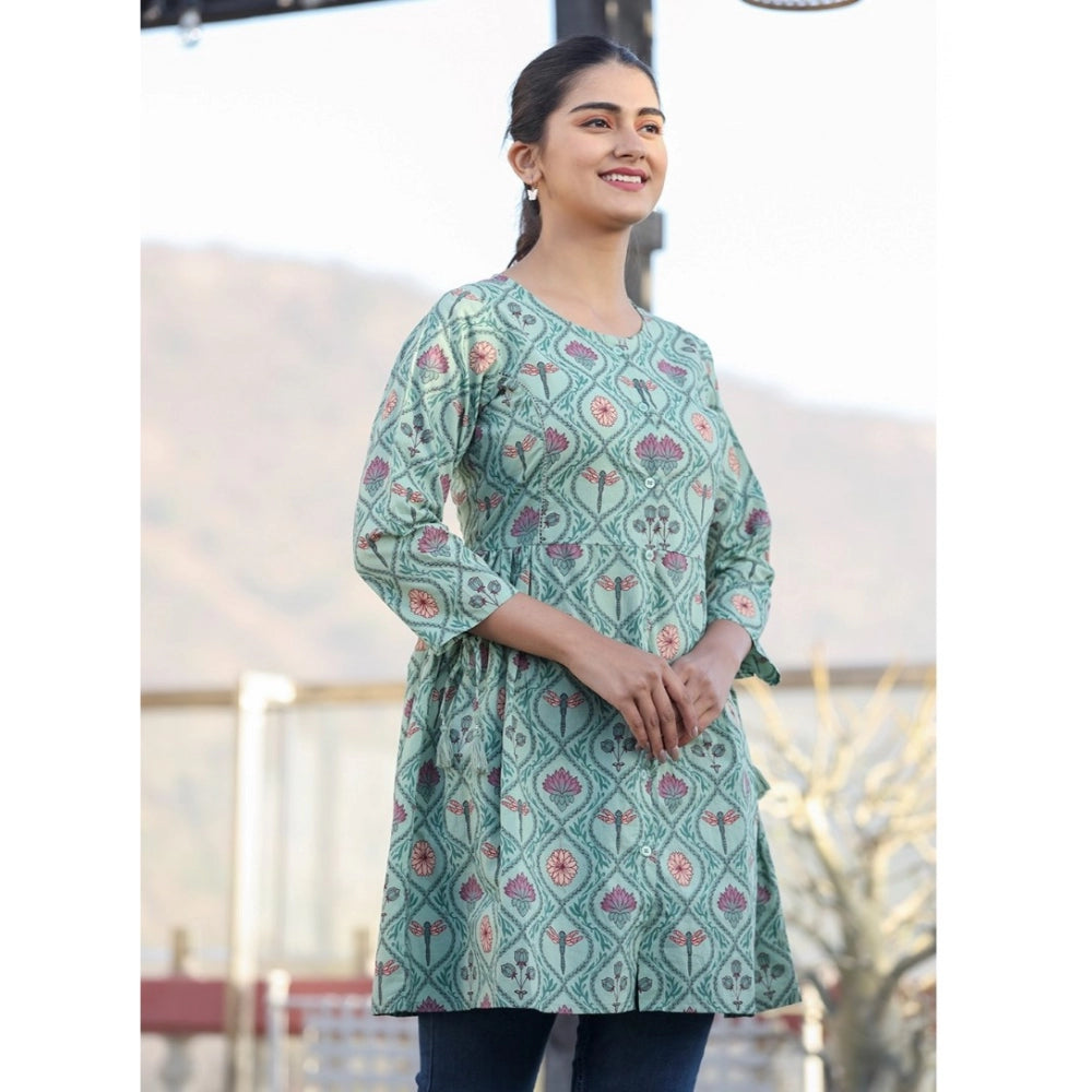 Cotton Printed 3/4 Sleeve Round Neck Tunics (Green)