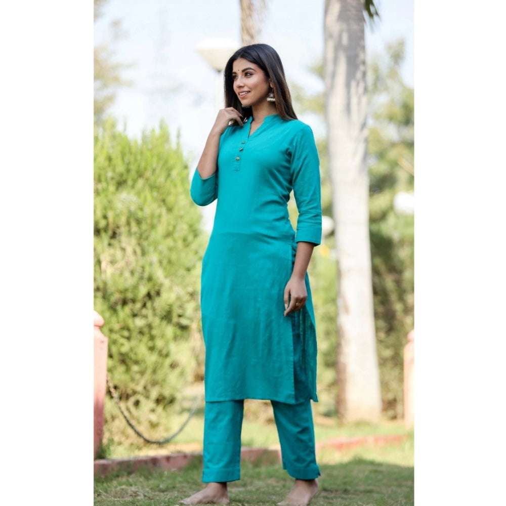 Women's Cotton Solid 3/4 Sleeve Mandarin collar Kurti (Green)