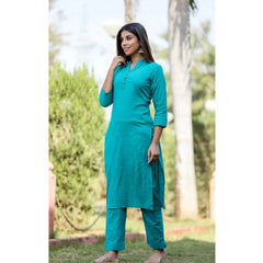 Women's Cotton Solid 3/4 Sleeve Mandarin collar Kurti (Green)