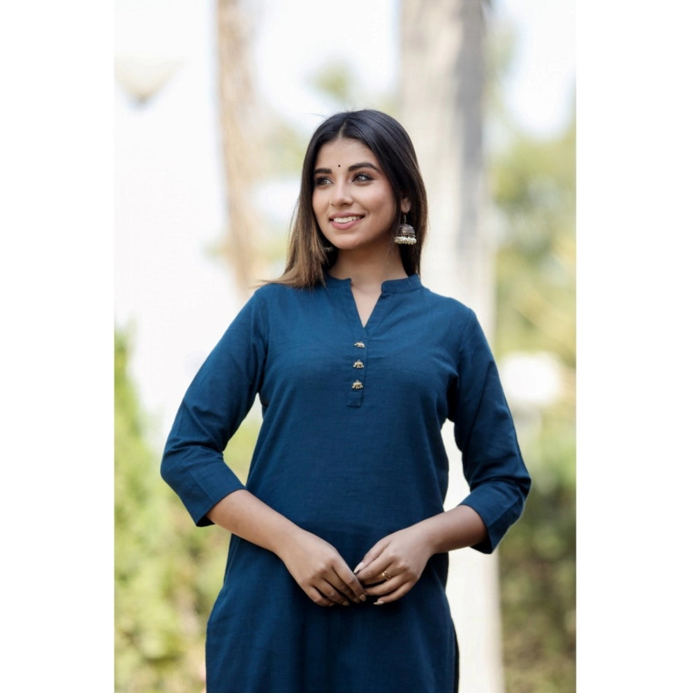 Women's Cotton Solid 3/4 Sleeve Mandarin collar Kurti (Blue)