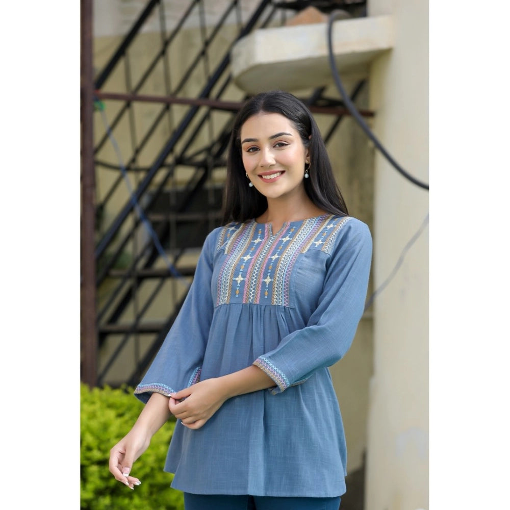 Cotton Embroidered 3/4 Sleeve V-Neck Top (Blue)