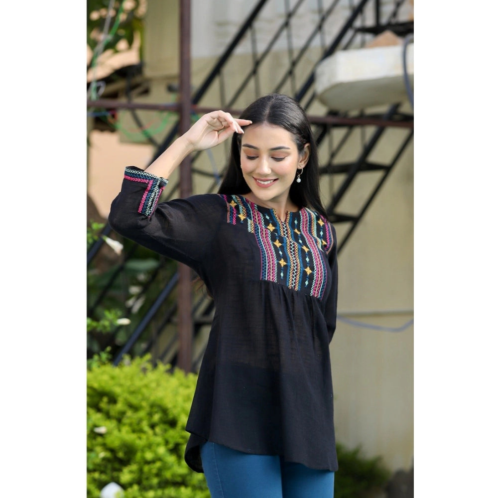 Cotton Embroidered 3/4 Sleeve V-Neck Top (Black)