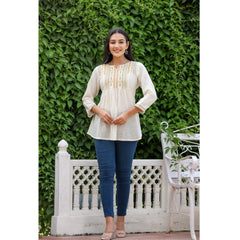 Cotton Embroidered 3/4 Sleeve V-Neck Top (Off White)