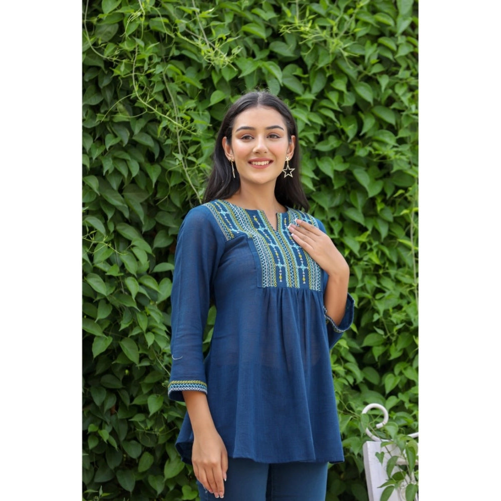 Cotton Embroidered 3/4 Sleeve V-Neck Top (Navy Blue)