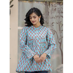 Cotton Printed Full Sleeve Mandarin collar Tunics (Turquoise)