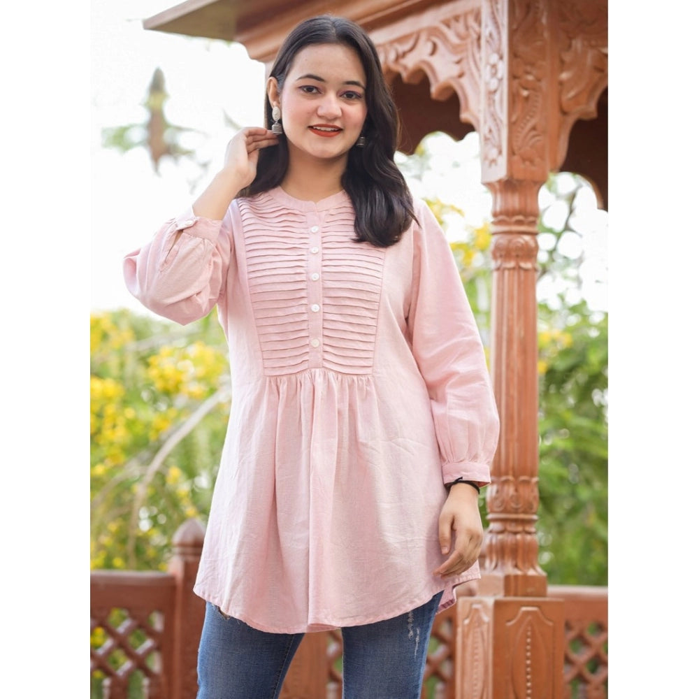 Cotton Solid Full Sleeve Band collar Tunic (Peach)