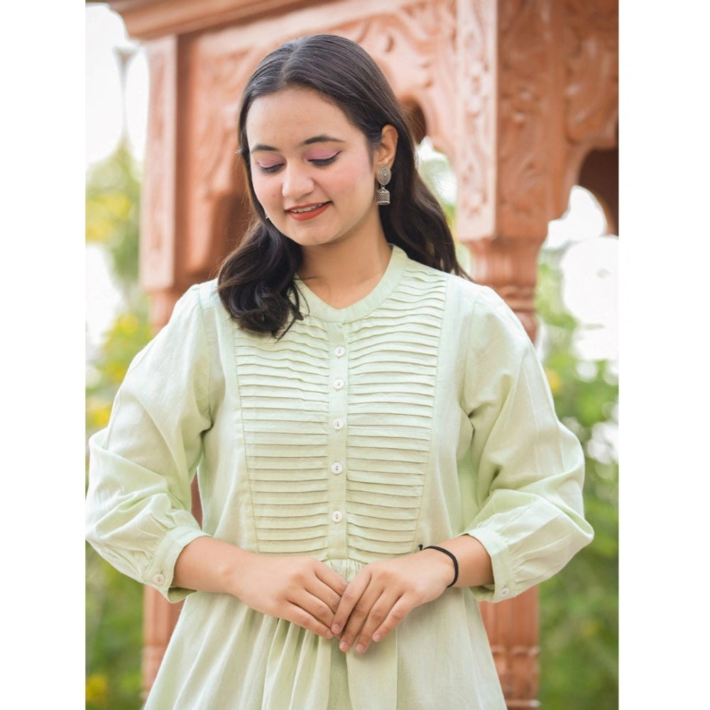 Cotton Solid Full Sleeve Band collar Tunic (Green)