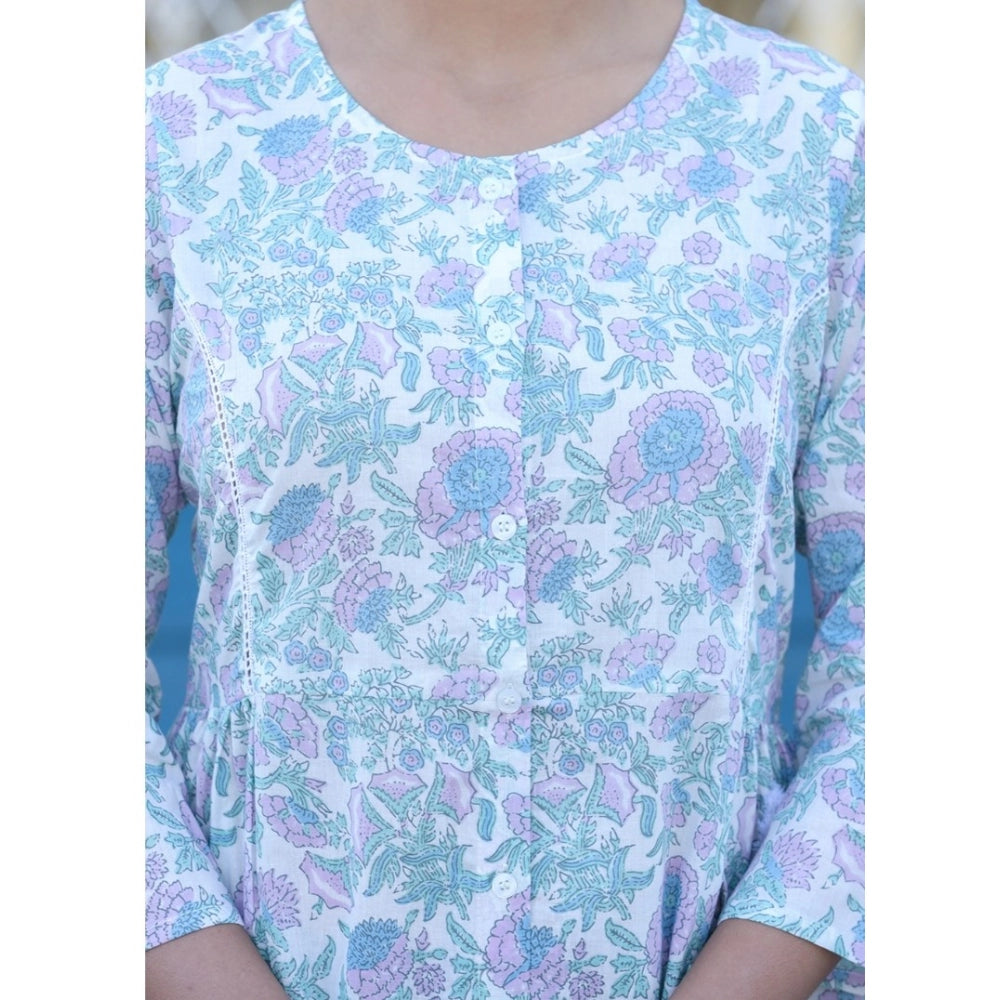 Cotton Printed 3/4 Sleeve Round Neck Tunics (White-Purple)