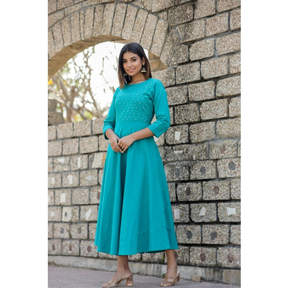 Women's Cotton Solid 3/4 Sleeve Round Neck Kurti (Green)