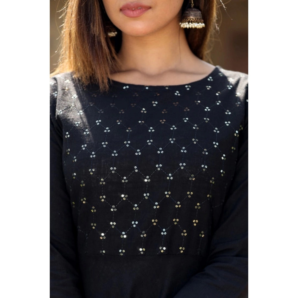 Women's Cotton Solid 3/4 Sleeve Round Neck Kurti (Black)