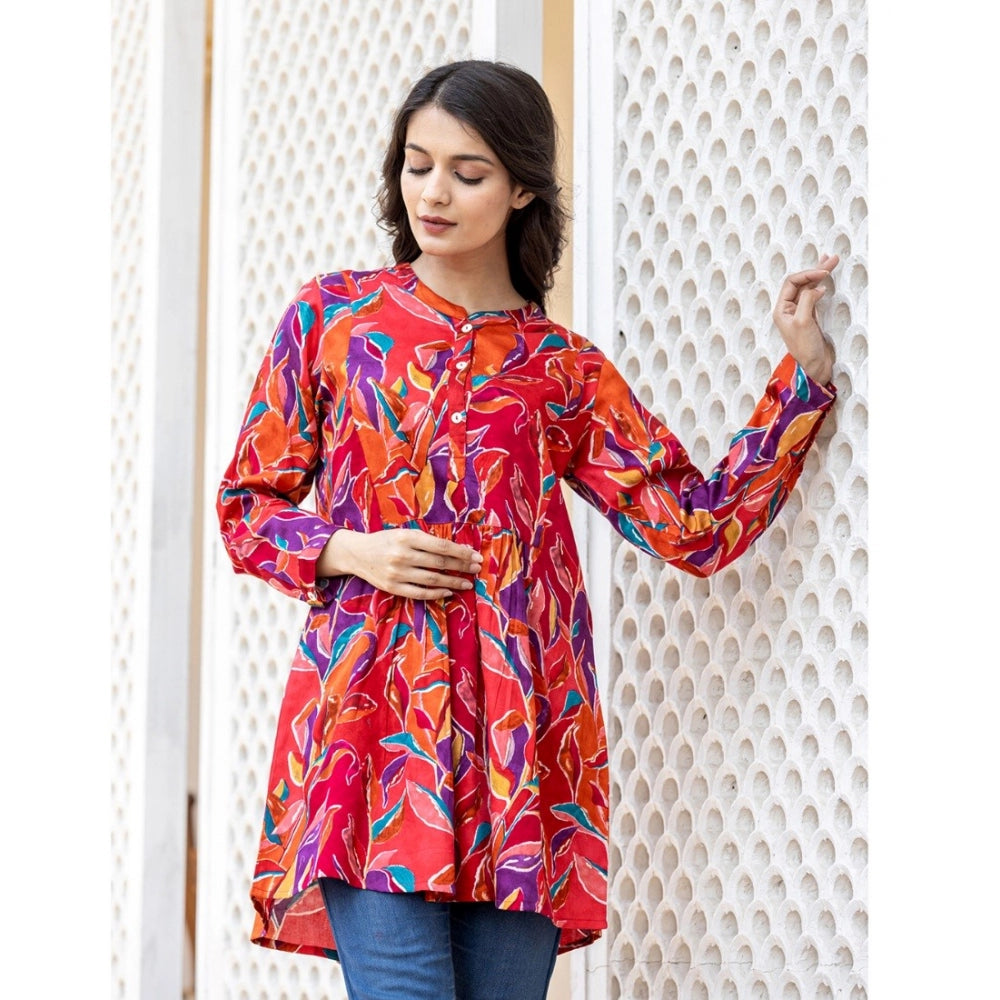 Cotton Printed Full Sleeve Mandarin collar Top (Red)