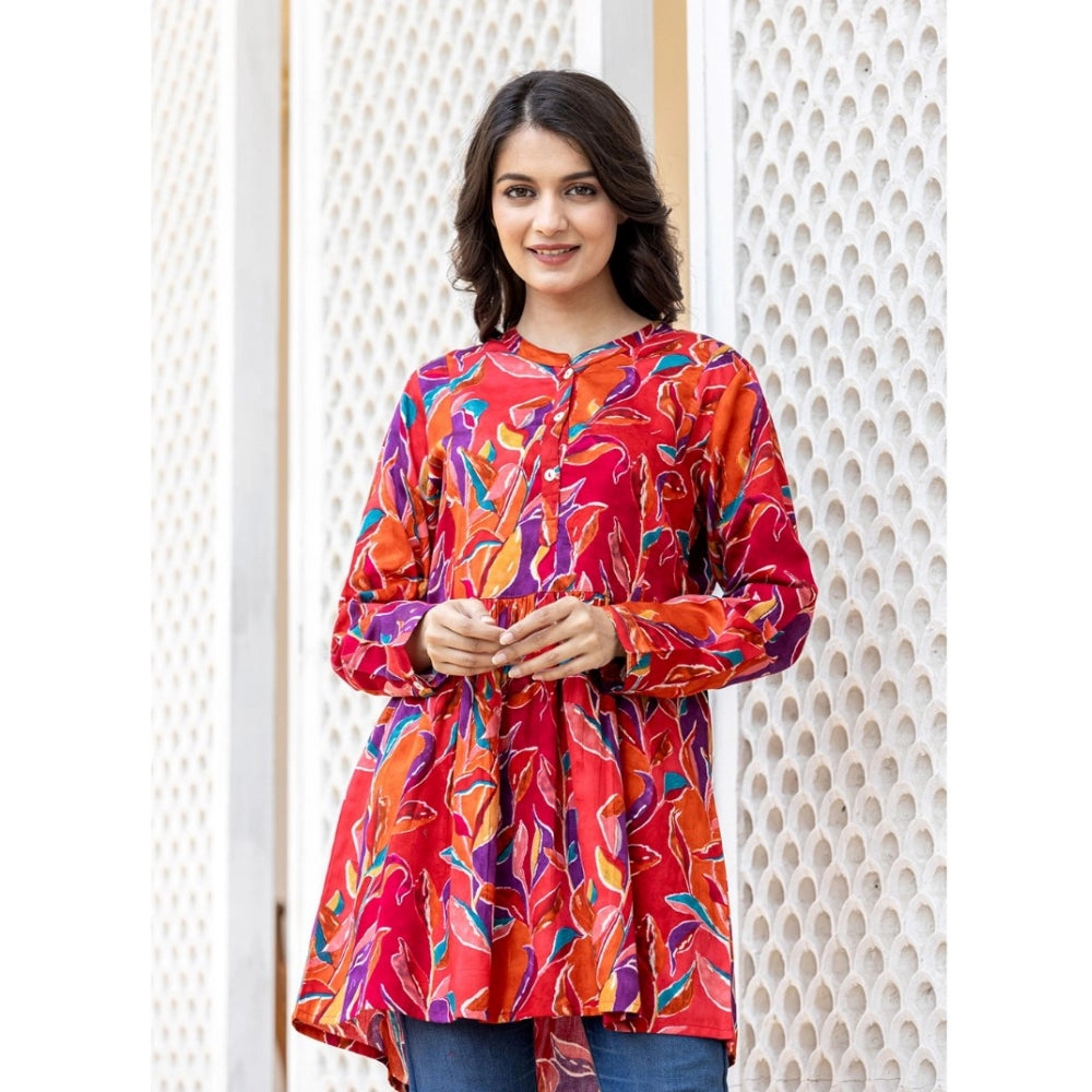 Cotton Printed Full Sleeve Mandarin collar Top (Red)