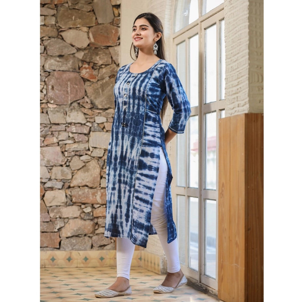 Women's Cotton Dyed 3/4 Sleeve Round Neck Kurti (Blue)