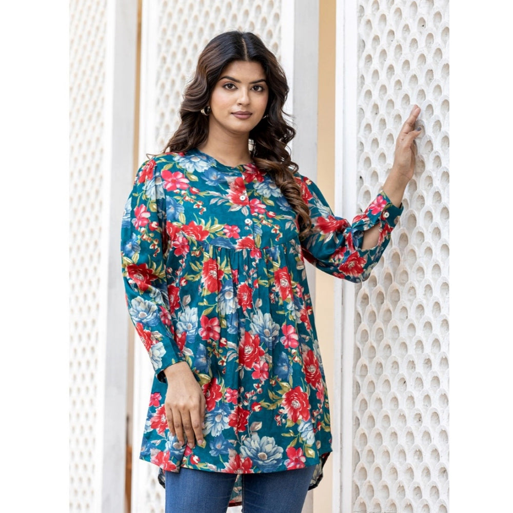 Cotton Printed Full Sleeve Mandarin collar Top (Sea Green)