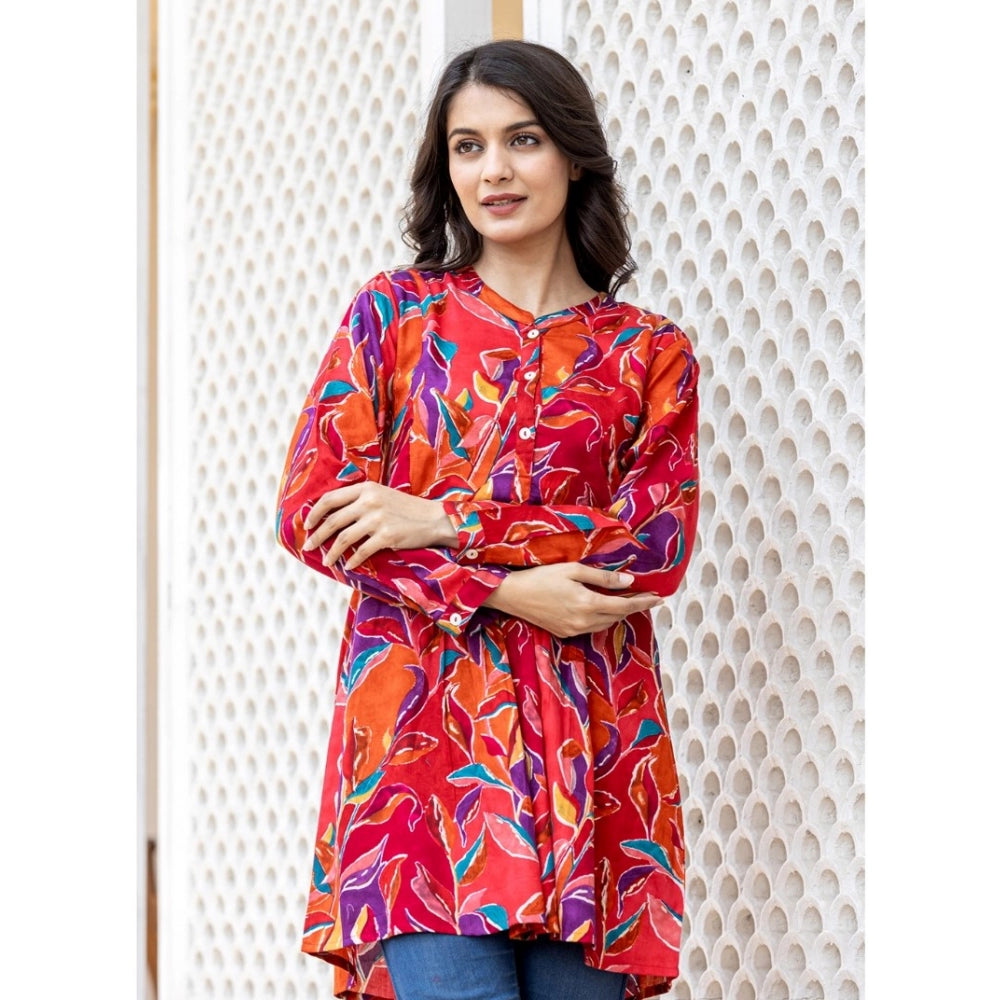 Cotton Printed Full Sleeve Mandarin collar Top (Red)