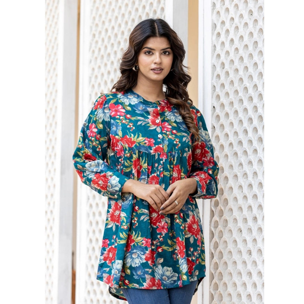 Cotton Printed Full Sleeve Mandarin collar Top (Sea Green)