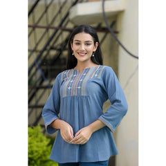 Cotton Embroidered 3/4 Sleeve V-Neck Top (Blue)