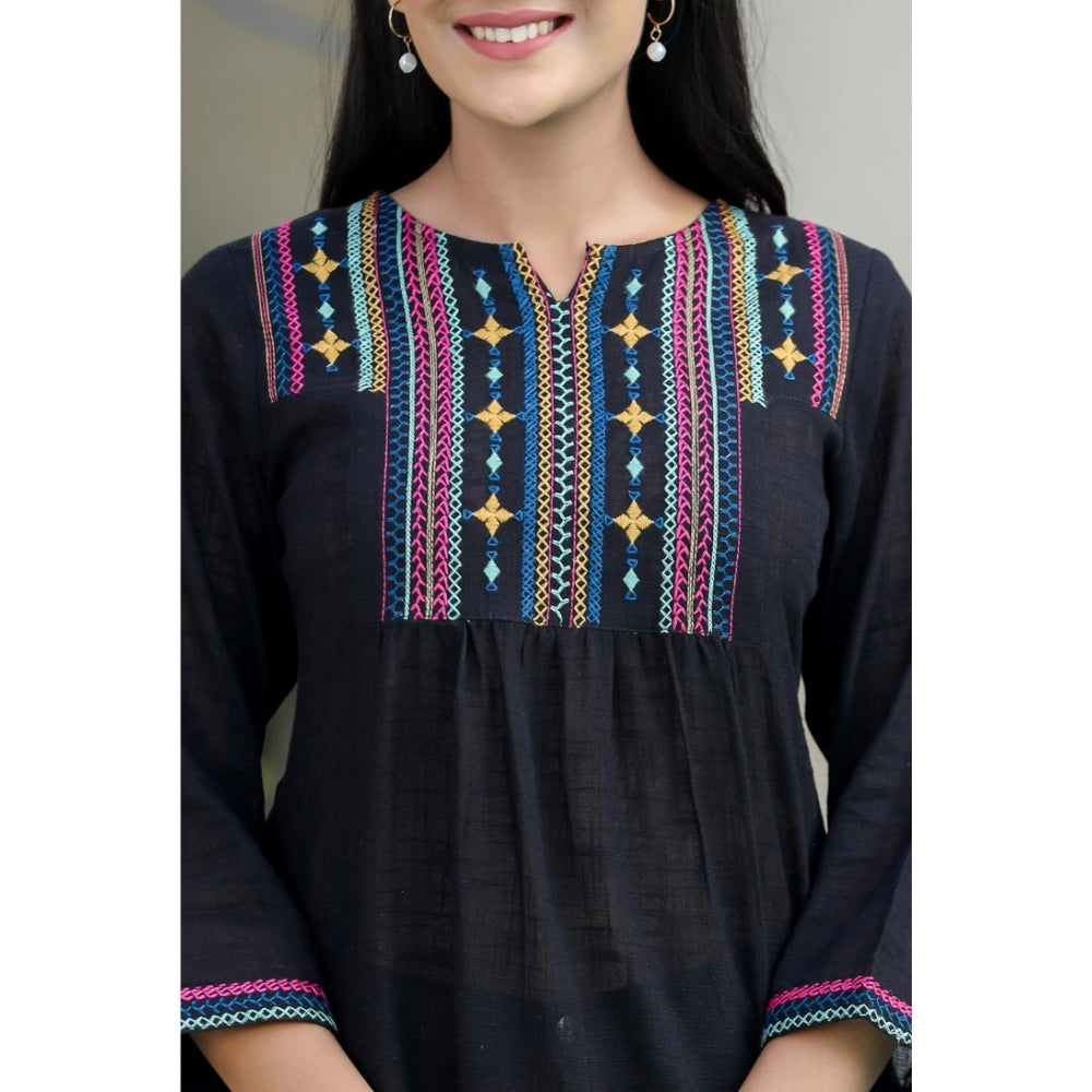 Cotton Embroidered 3/4 Sleeve V-Neck Top (Black)