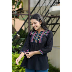 Cotton Embroidered 3/4 Sleeve V-Neck Top (Black)