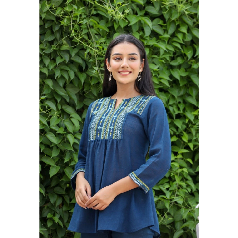 Cotton Embroidered 3/4 Sleeve V-Neck Top (Navy Blue)