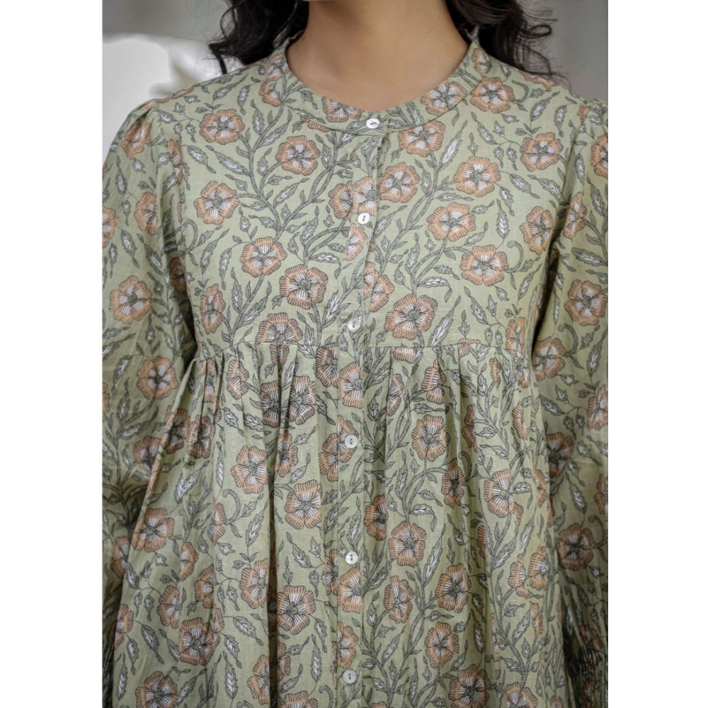 Cotton Printed Full Sleeve Mandarin collar Tunics (Green)