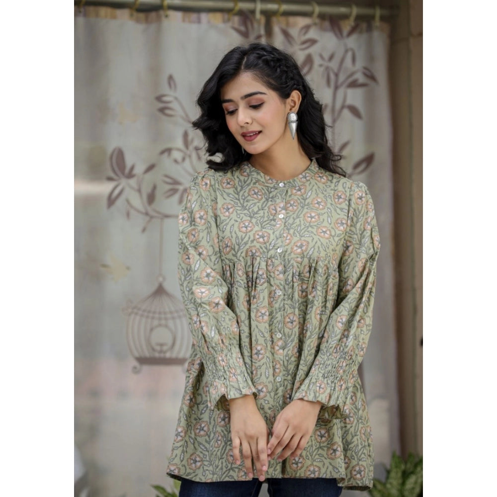 Cotton Printed Full Sleeve Mandarin collar Tunics (Green)