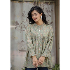 Cotton Printed Full Sleeve Mandarin collar Tunics (Green)