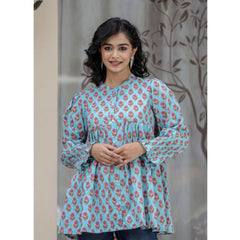 Cotton Printed Full Sleeve Mandarin collar Tunics (Turquoise)