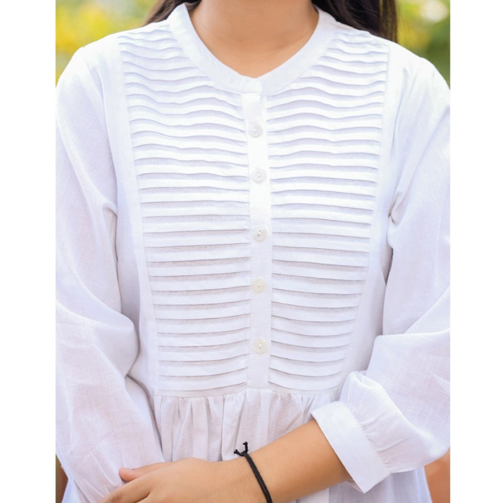 Cotton Solid Full Sleeve Band collar Tunic (White)