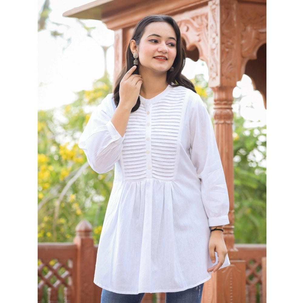 Cotton Solid Full Sleeve Band collar Tunic (White)