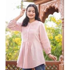 Cotton Solid Full Sleeve Band collar Tunic (Peach)