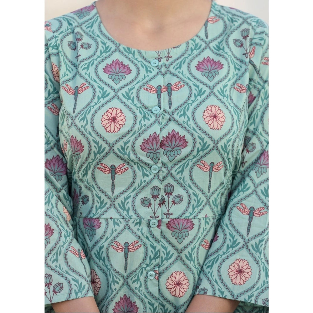 Cotton Printed 3/4 Sleeve Round Neck Tunics (Green)