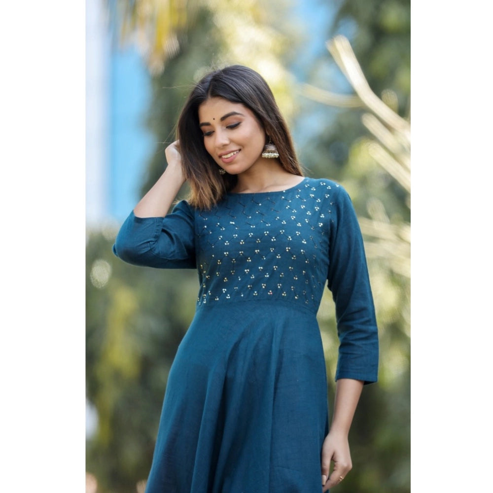 Women's Cotton Solid 3/4 Sleeve Round Neck Kurti (Blue)