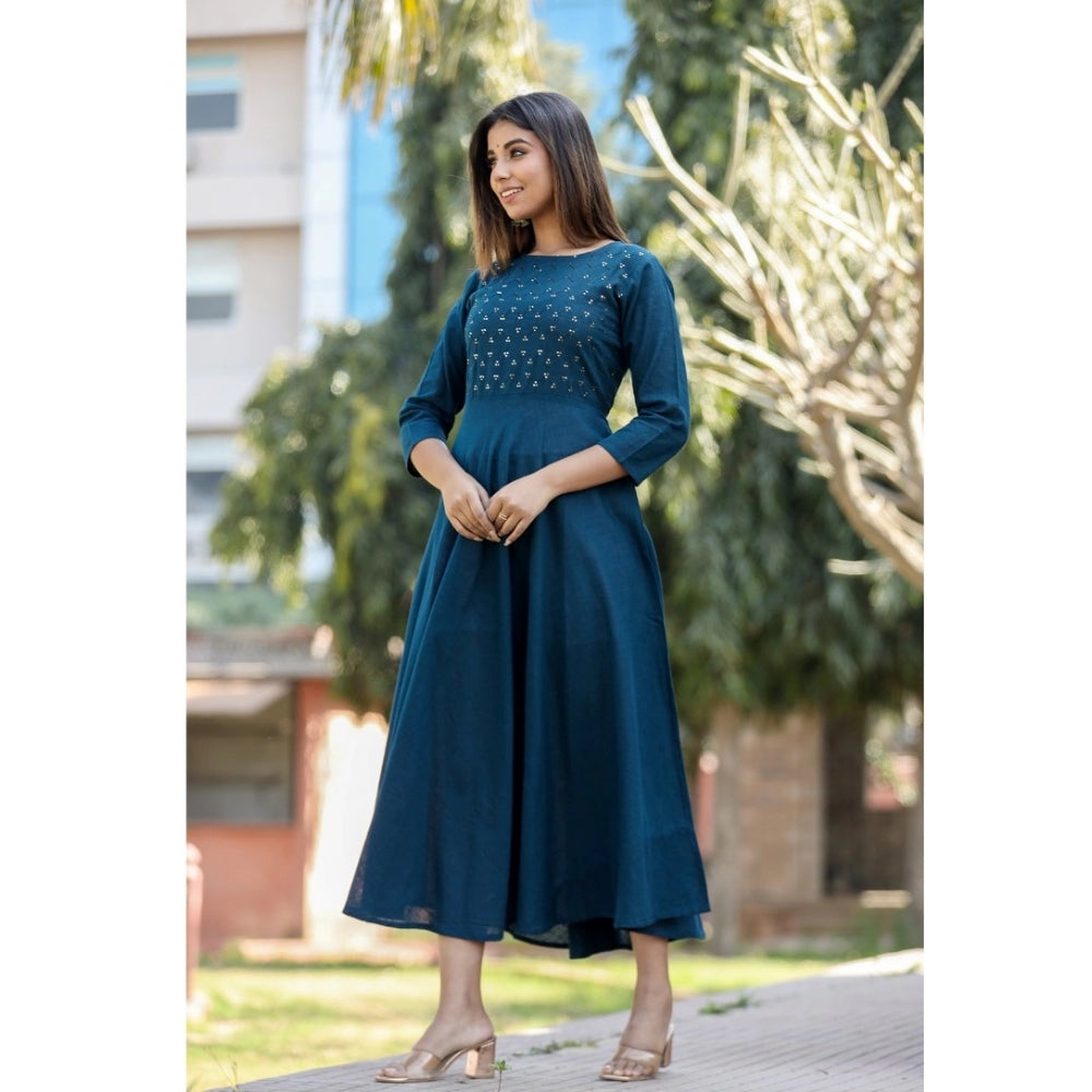 Women's Cotton Solid 3/4 Sleeve Round Neck Kurti (Blue)