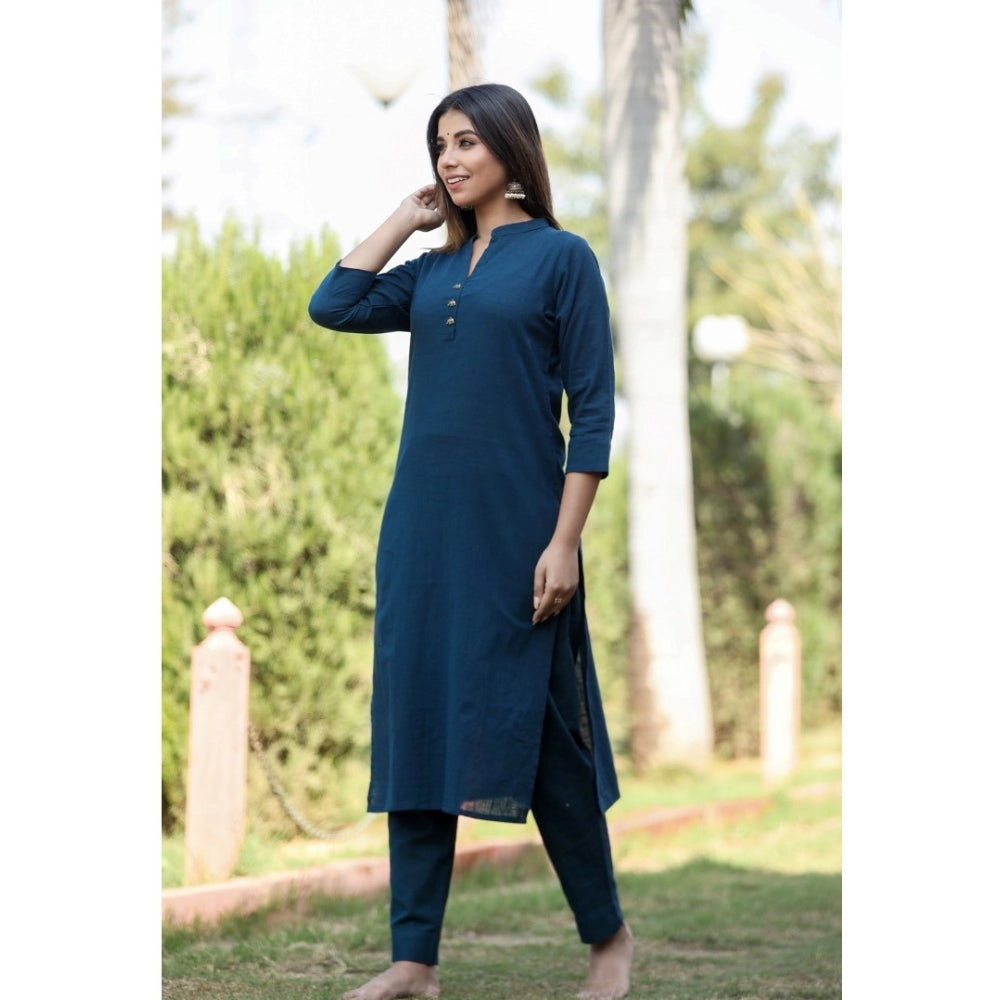 Women's Cotton Solid 3/4 Sleeve Mandarin collar Kurti (Blue)